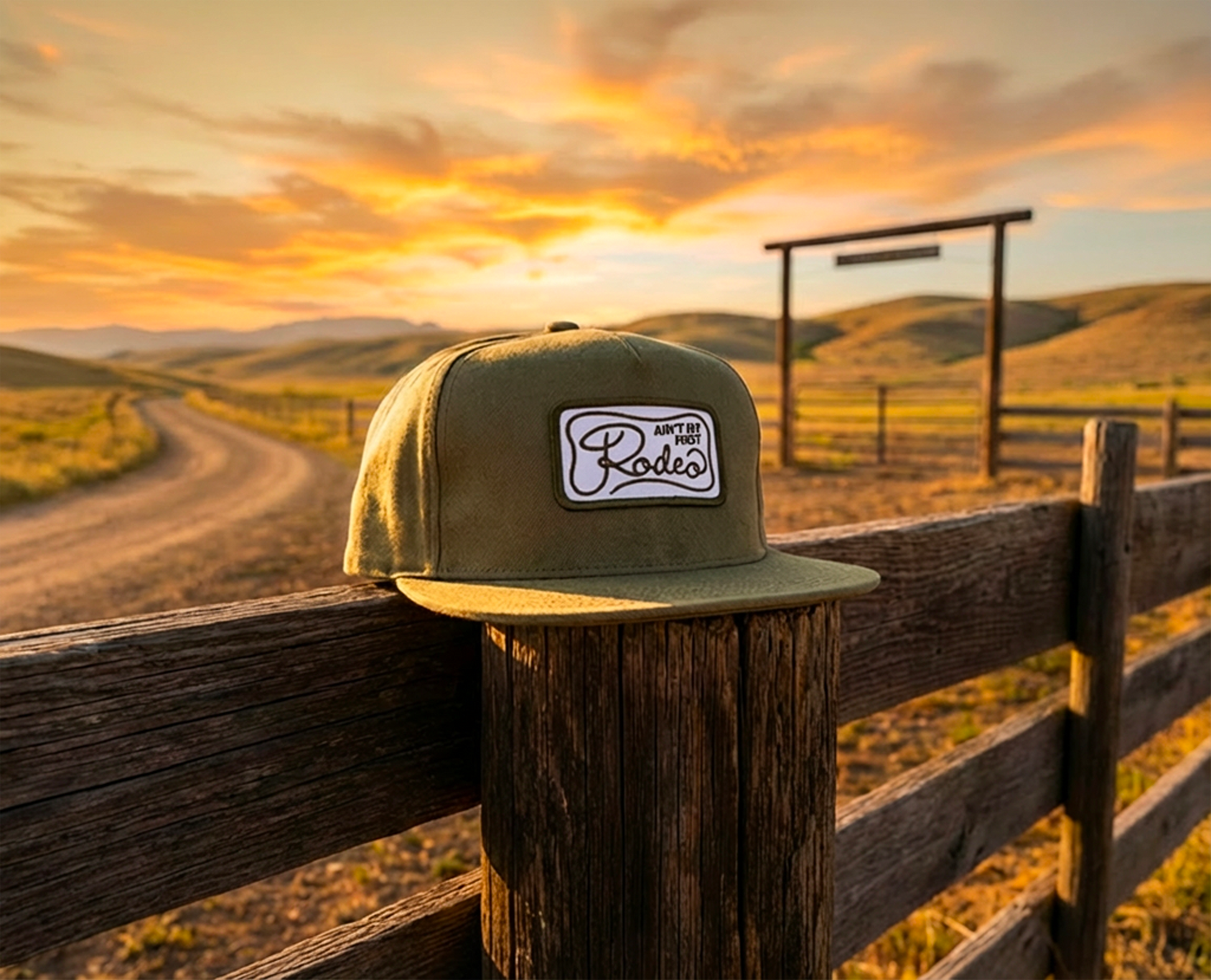 Green cap with a logo on a wooden fence during sunset in a rural landscape