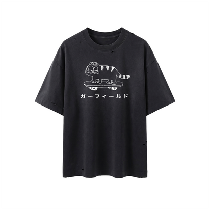 Vintage Skater Cat Washed Distressed Boxy T-Shirt