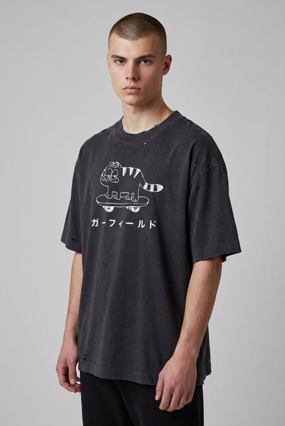 Vintage Skater Cat Washed Distressed Boxy T-Shirt
