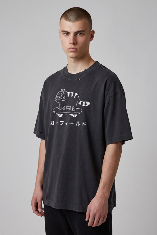 Vintage Skater Cat Washed Distressed Boxy T-Shirt