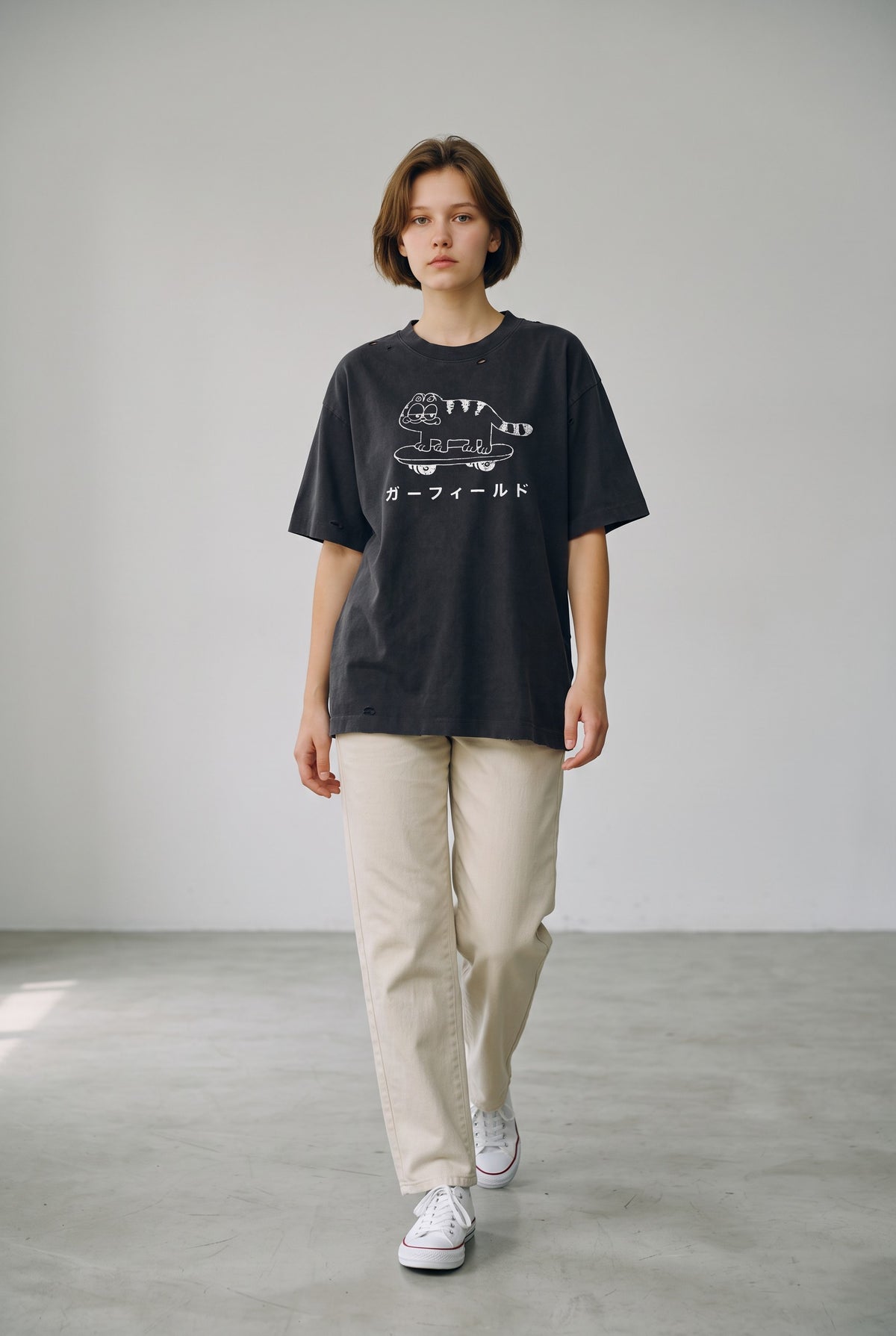 Vintage Skater Cat Washed Distressed Boxy T-Shirt