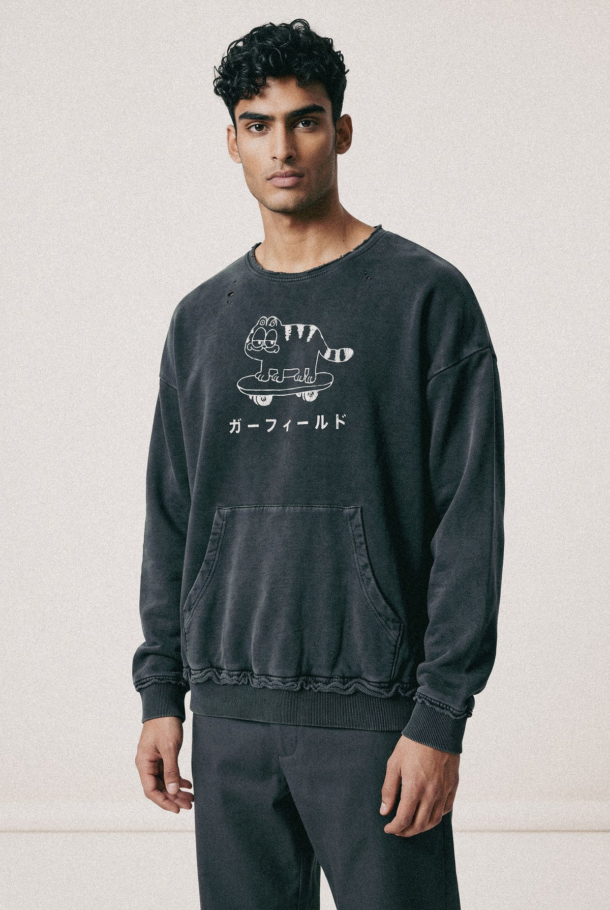 Japanese Skater Cat Unisex Raw Edge Distressed Crewneck Sweatshirt