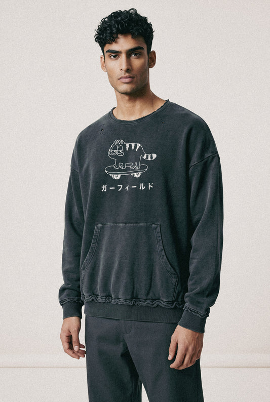Japanese Skater Cat Unisex Raw Edge Distressed Crewneck Sweatshirt