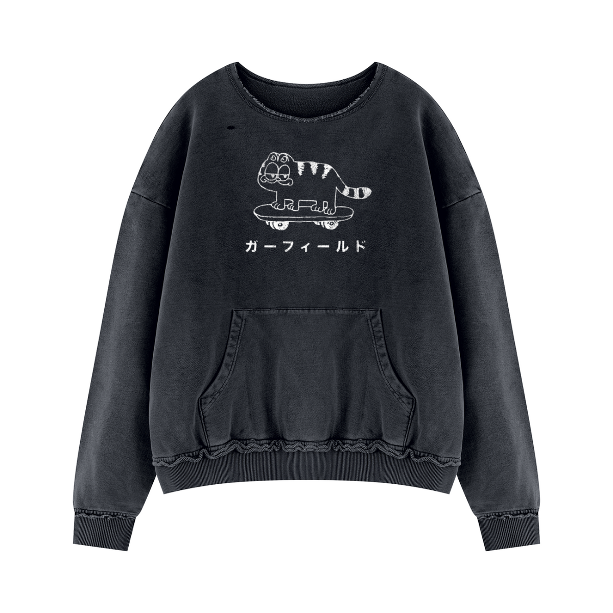 Japanese Skater Cat Unisex Raw Edge Distressed Crewneck Sweatshirt