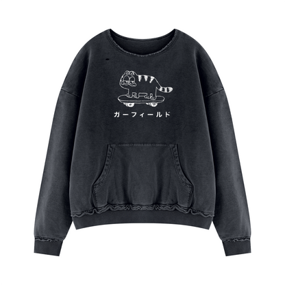Japanese Skater Cat Unisex Raw Edge Distressed Crewneck Sweatshirt