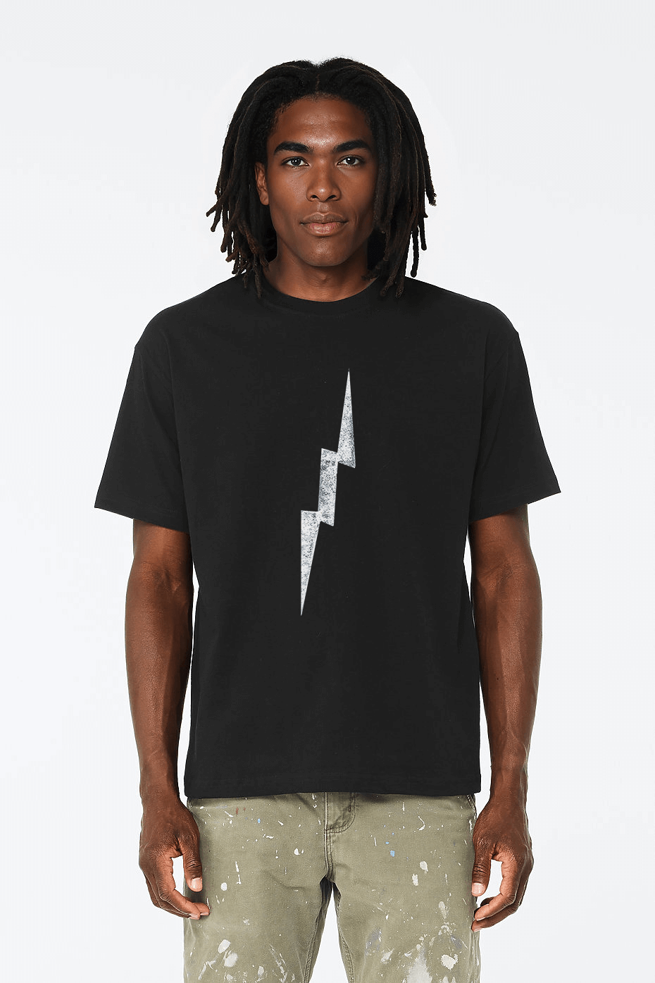 Model wearing distressed lightning bolt t-shirt in black with centered worn bolt graphic, relaxed classic fit cotton tee