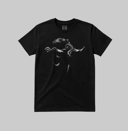 Alt Tag: retro octopus t-shirt black tee with halftone octopus graphic, Octopus Retro Tee, unique everyday-every occasion design