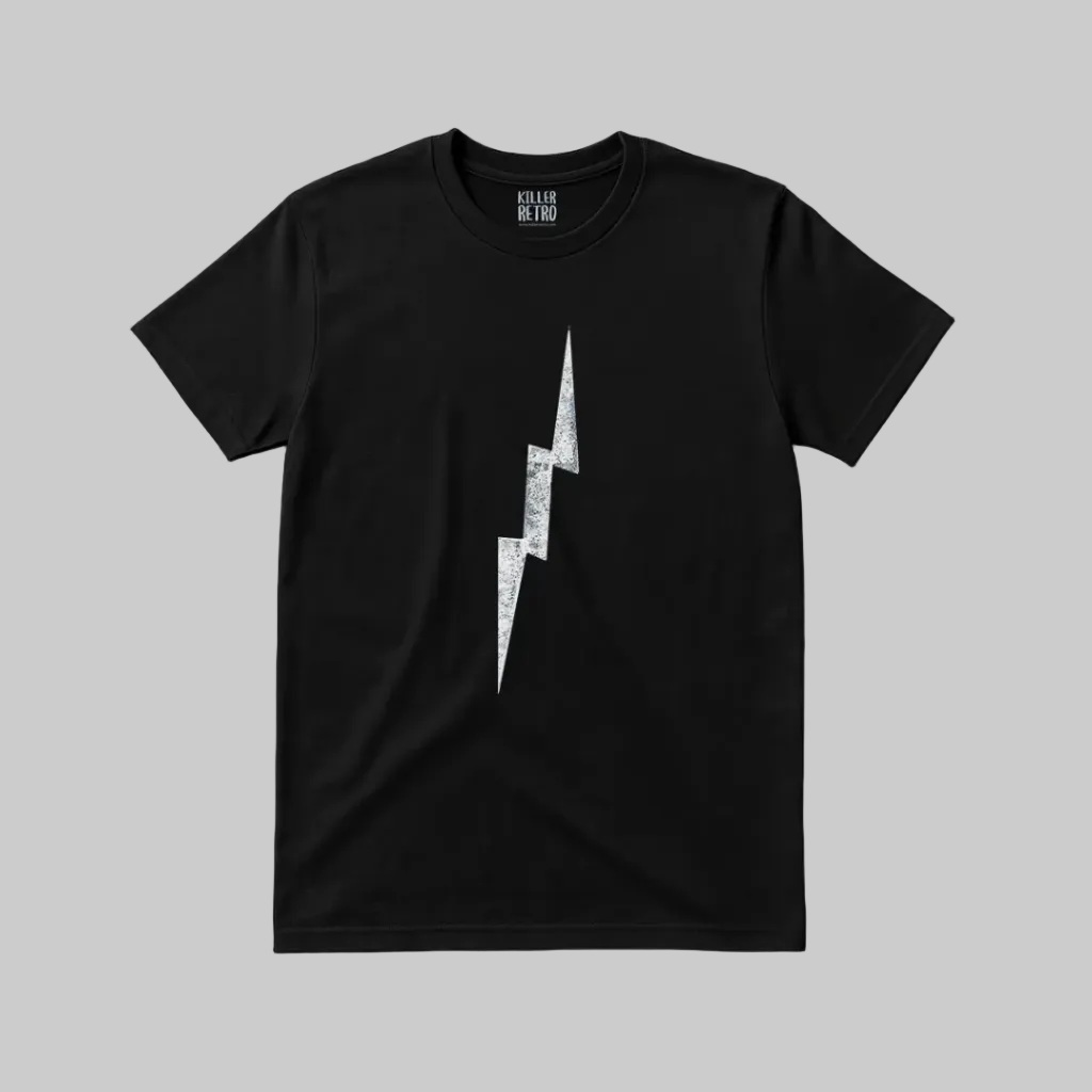 Alt Tag: distressed lightning bolt t-shirt black tee with centered distressed white lightning bolt graphic, classic relaxed fit