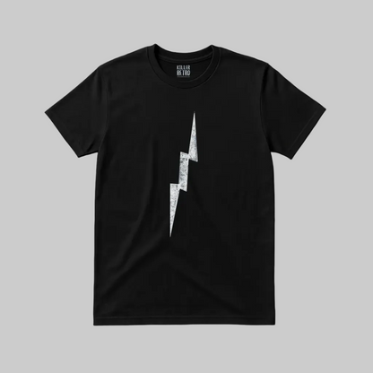 Alt Tag: distressed lightning bolt t-shirt black tee with centered distressed white lightning bolt graphic, classic relaxed fit