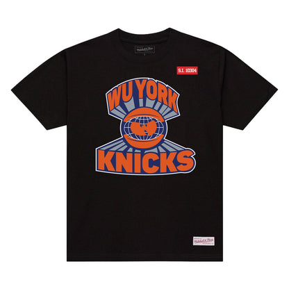 Black t-shirt with 'Wu York Knicks' graphic design on a white background