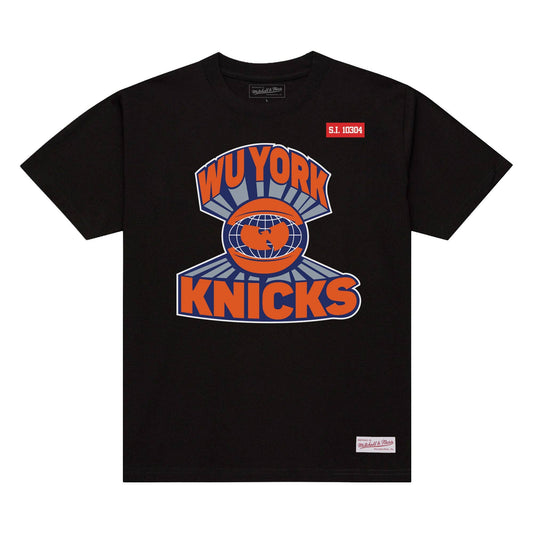 Black t-shirt with 'Wu York Knicks' graphic design on a white background