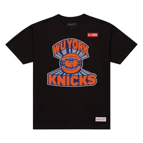 Black t-shirt with 'Wu York Knicks' graphic design on a white background