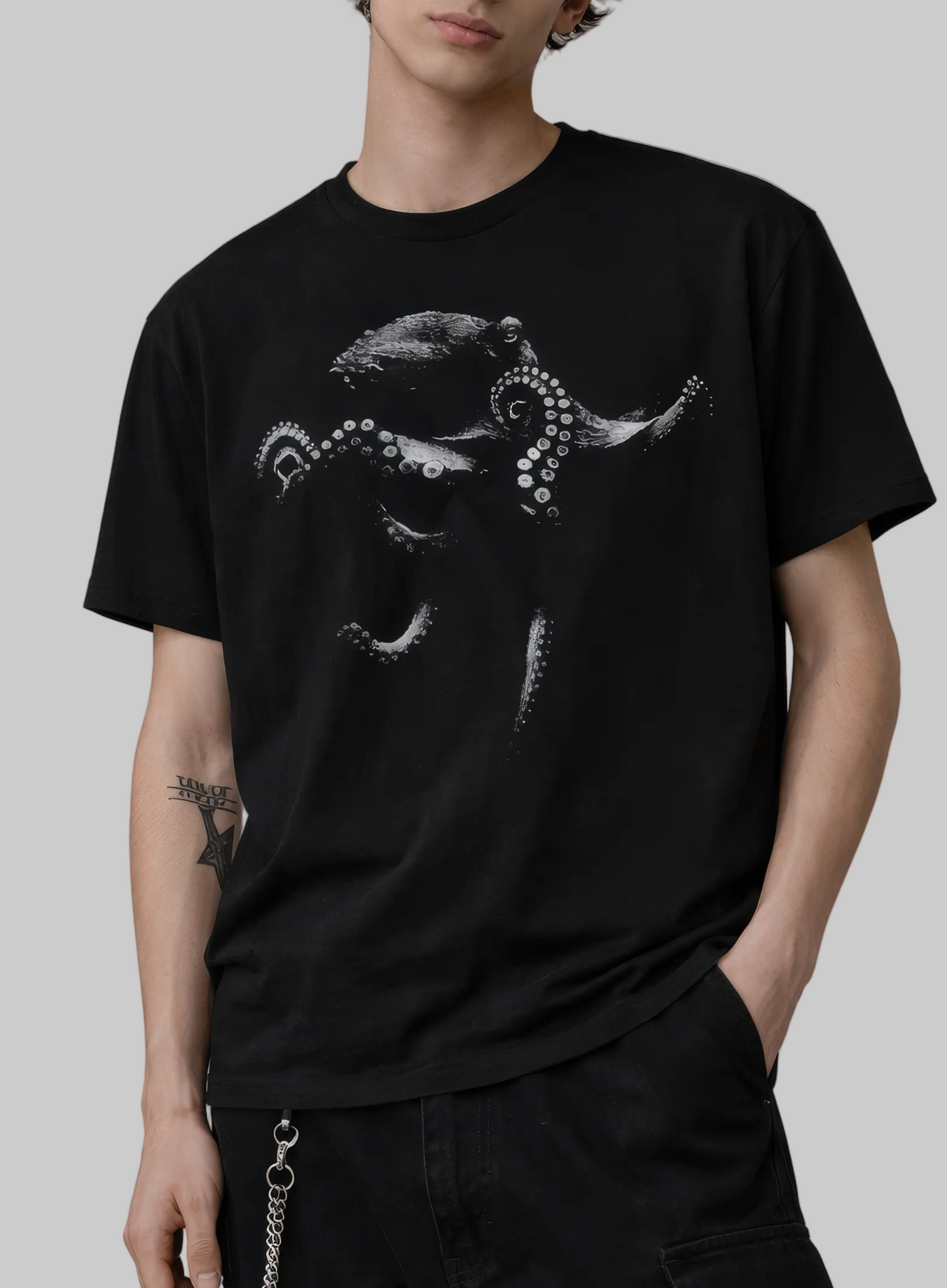 Alt Tag: retro octopus t-shirt black tee with halftone octopus graphic, Octopus Retro Tee heavy or regular fit for everyday wear