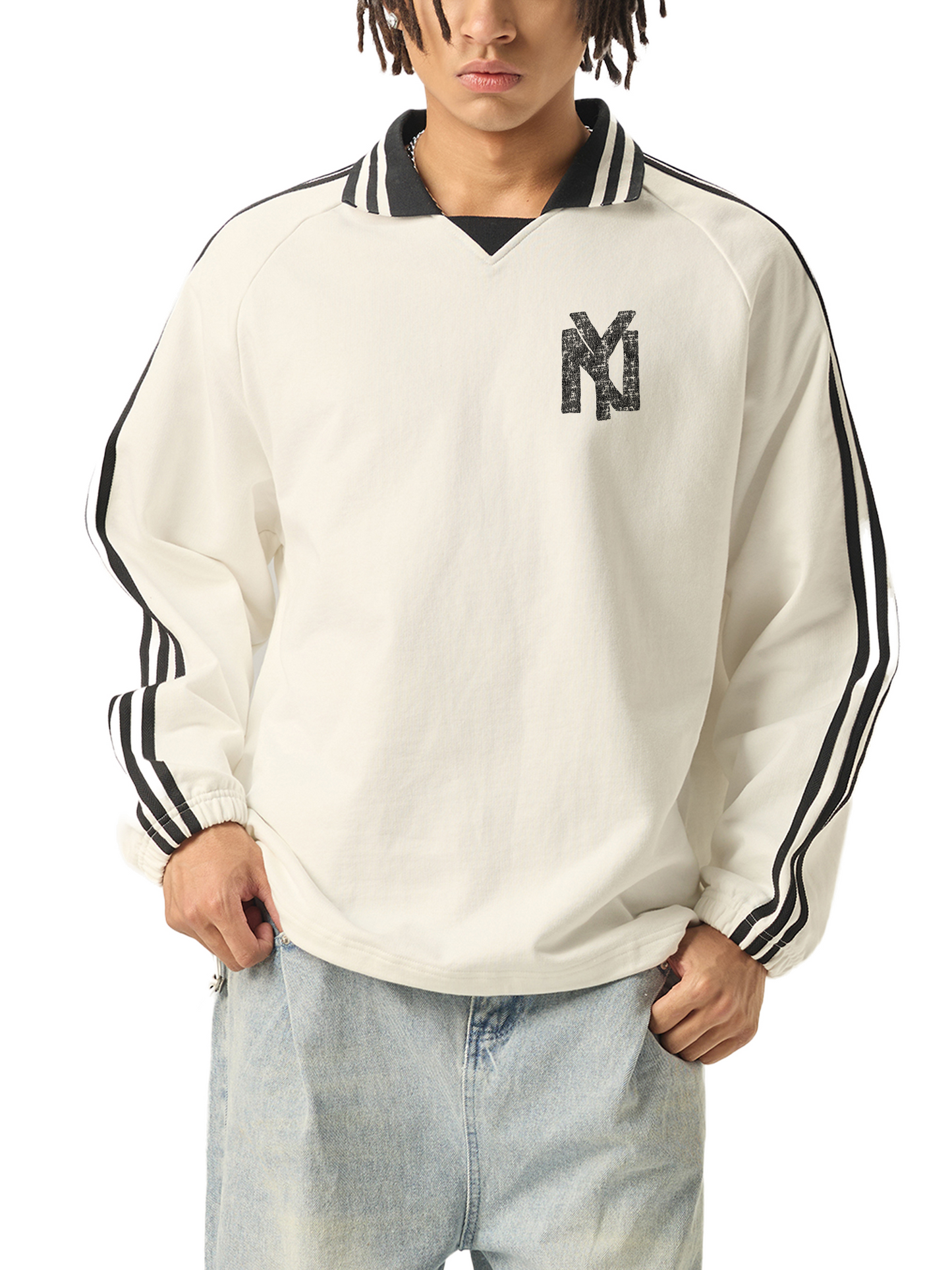 NY New York Unisex Striped Lapel Collar Sweatshirt - Killer Retro