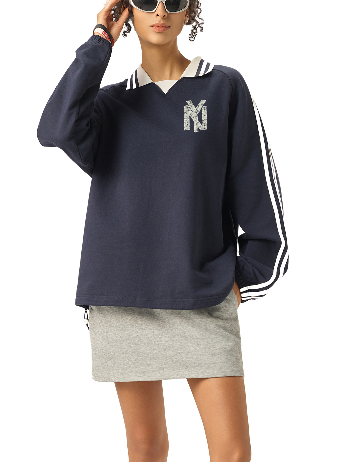 NY New York Unisex Striped Lapel Collar Sweatshirt - Killer Retro