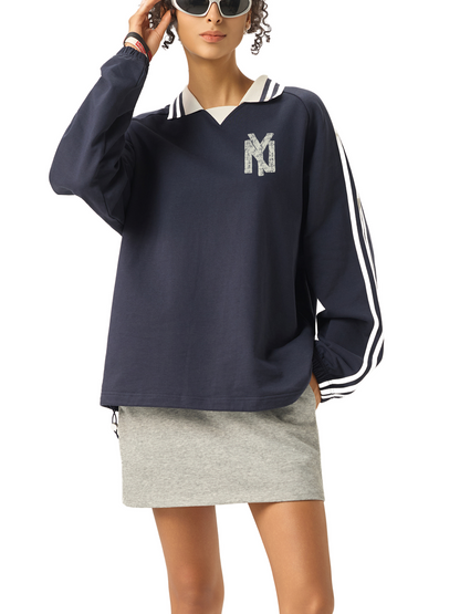 NY New York Unisex Striped Lapel Collar Sweatshirt - Killer Retro