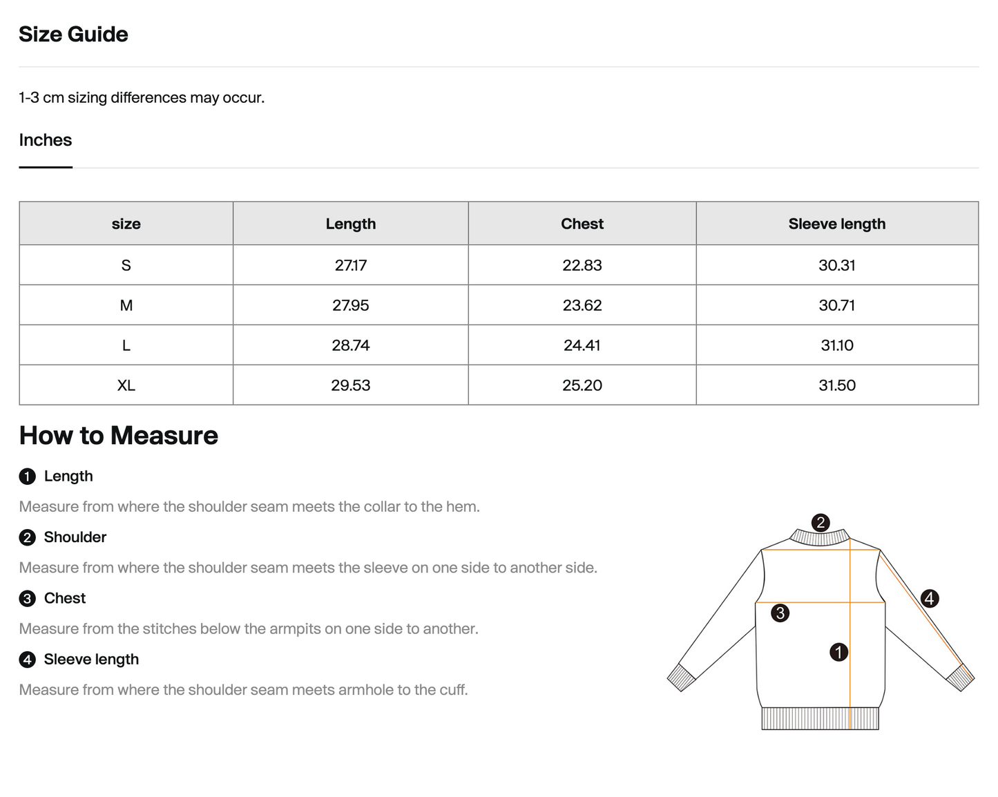 A size guide and measurement diagram for a hoodie, showing a size table from S to XL with length, chest, and sleeve length in inches and centimeters, plus step-by-step measurement instructions and a labeled hoodie illustration.