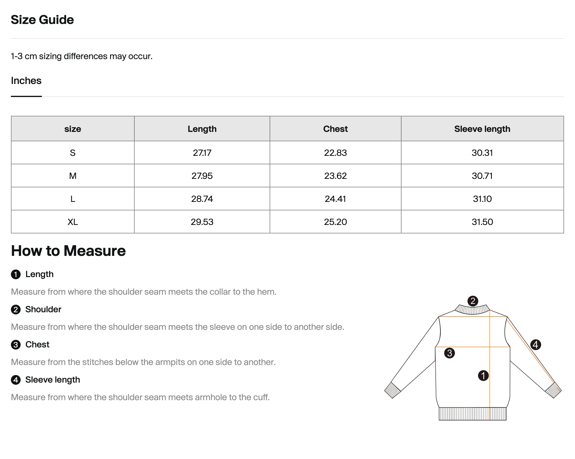 A size guide and measurement diagram for a hoodie, showing a size table from S to XL with length, chest, and sleeve length in inches and centimeters, plus step-by-step measurement instructions and a labeled hoodie illustration.