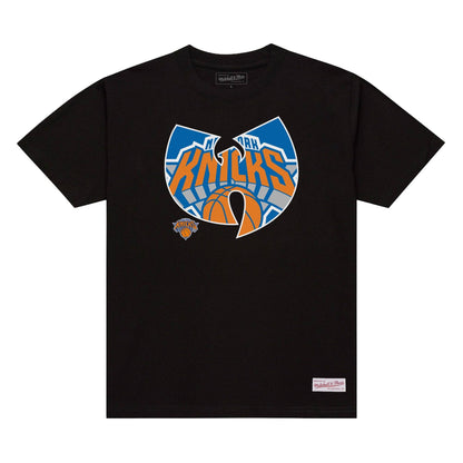 Black t-shirt with Knicks logo and Wu-Tang Clan design on a white background