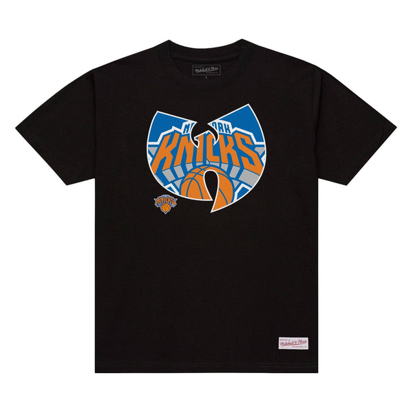 Black t-shirt with Knicks logo and Wu-Tang Clan design on a white background