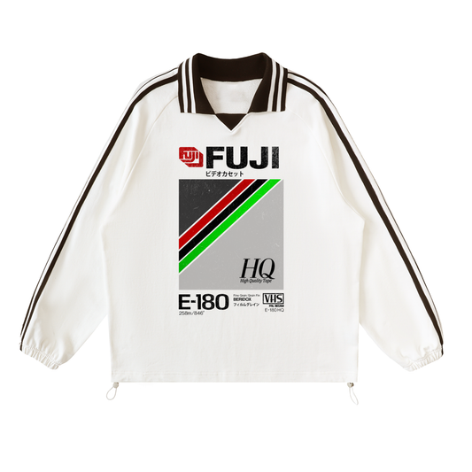 Retro Fuji VHS Lapel Collar Striped Sweatshirt