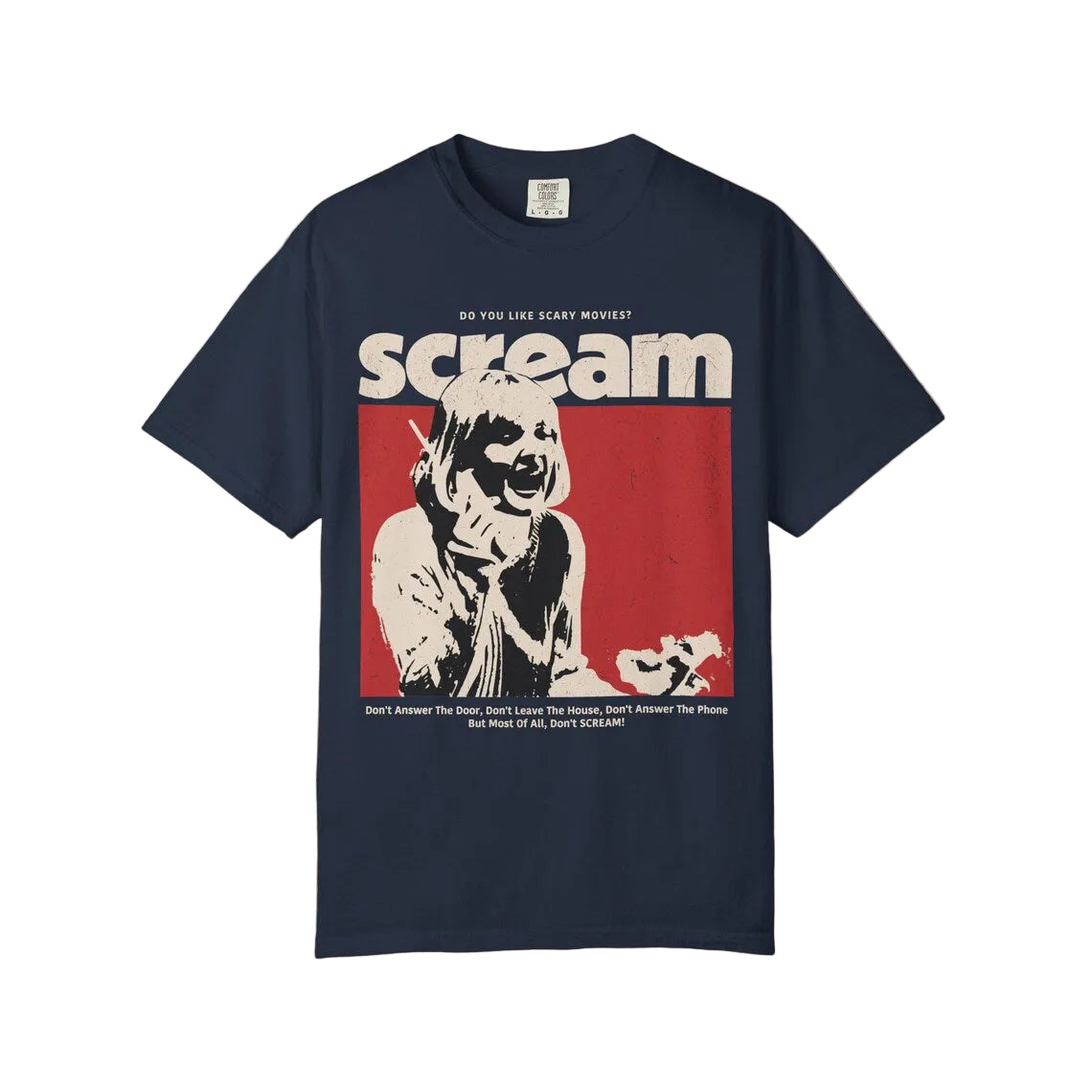 Navy blue t-shirt with 'Scream' graphic design on a beige background