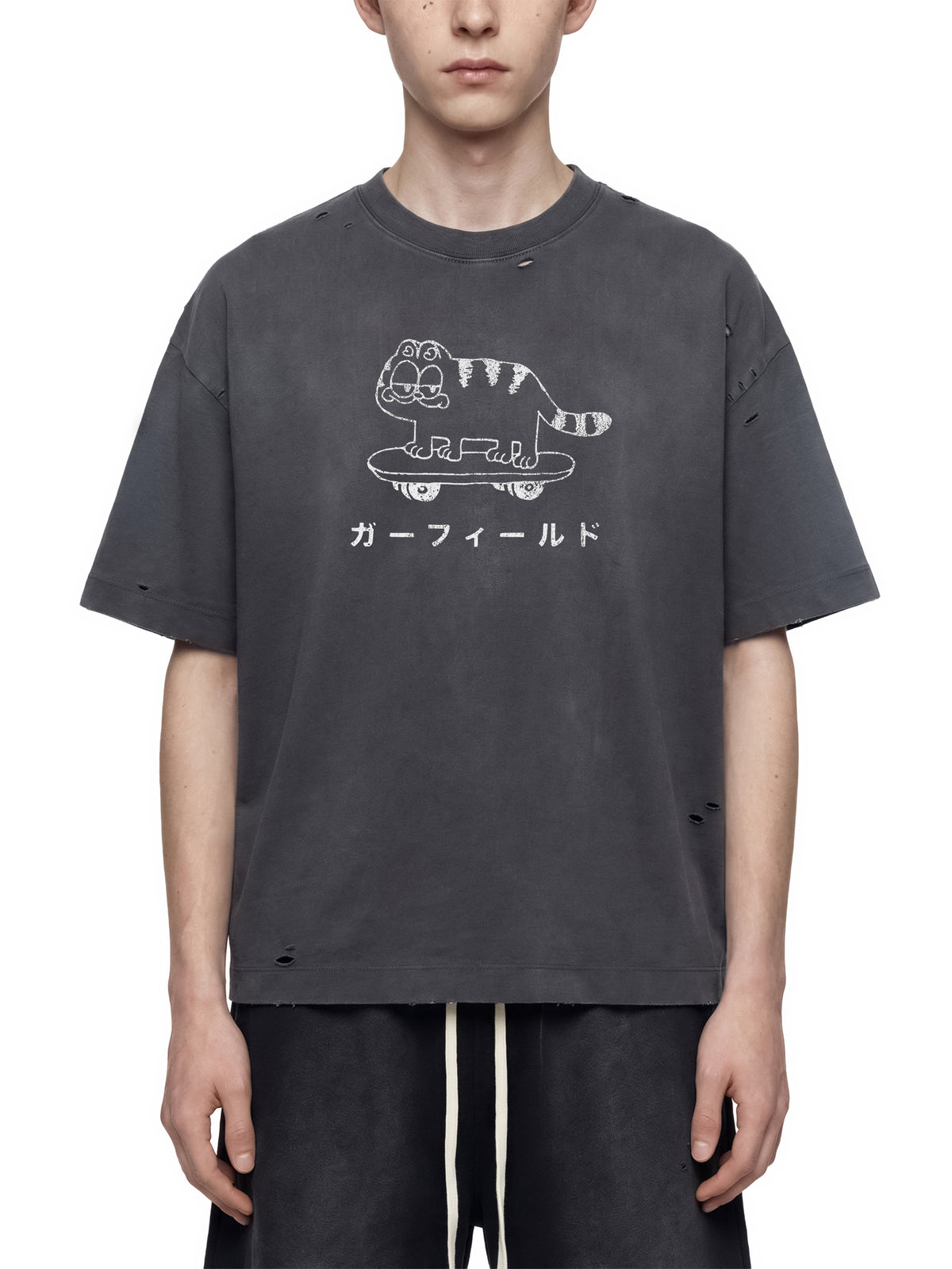 Vintage Skater Cat Washed Distressed Boxy T-Shirt