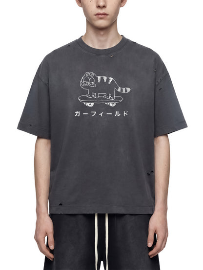 Vintage Skater Cat Washed Distressed Boxy T-Shirt