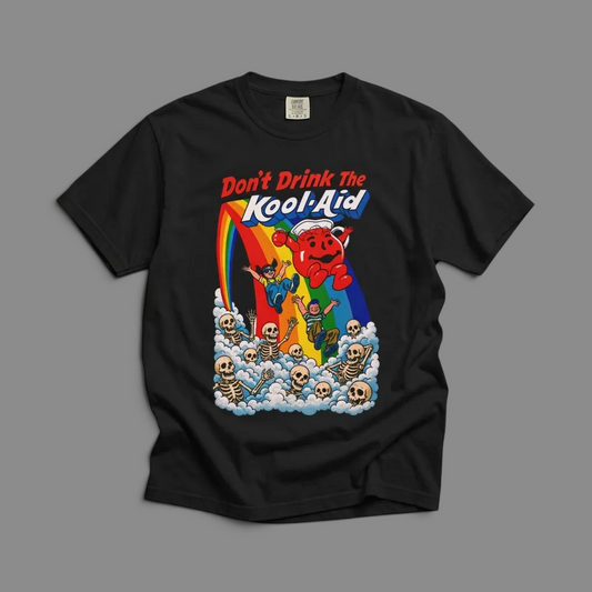 KILLER RETRO black graphic t-shirt featuring a surreal cartoon mascot, rainbow, and skeletons with vintage text.