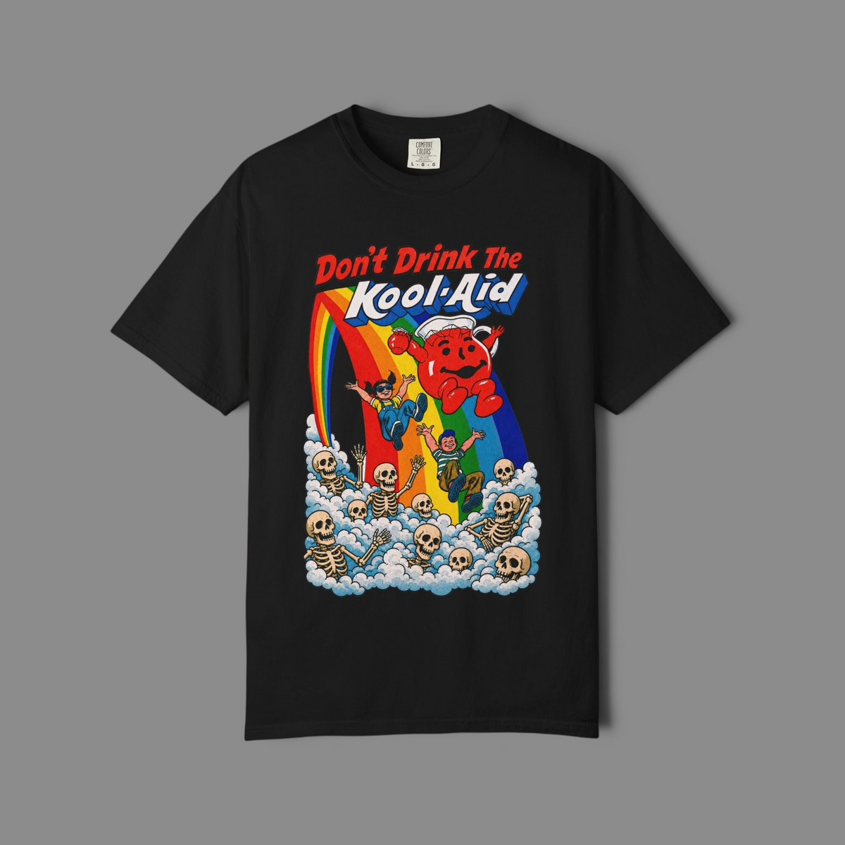 KILLER RETRO black graphic t-shirt featuring a surreal cartoon parody print with skeletons and a rainbow.