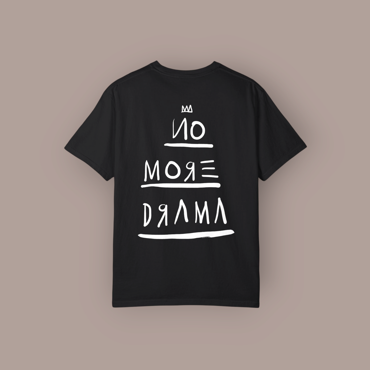 KILLER RETRO black cotton graphic t-shirt with white No More Drama text design on the back, relaxed fit.