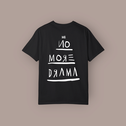 KILLER RETRO black cotton graphic t-shirt with white No More Drama text design on the back, relaxed fit.