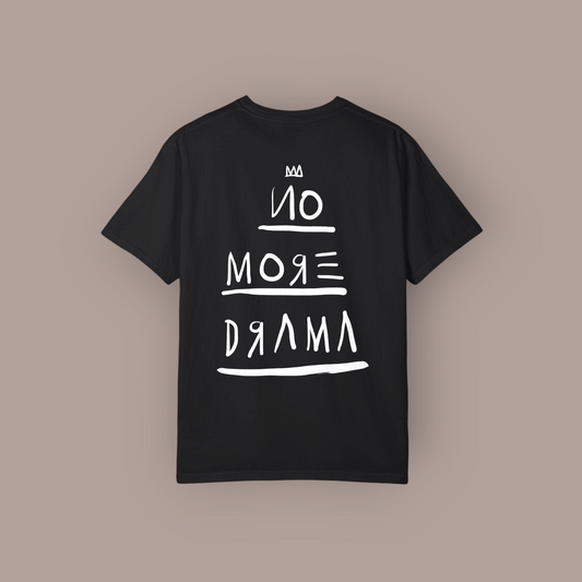 KILLER RETRO black cotton graphic t-shirt with white No More Drama text design on the back, relaxed fit.