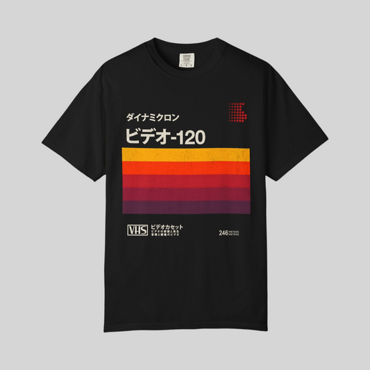 KILLER RETRO black cotton t-shirt featuring a vintage 80s and 90s Japanese VHS tape graphic with retro color stripes.