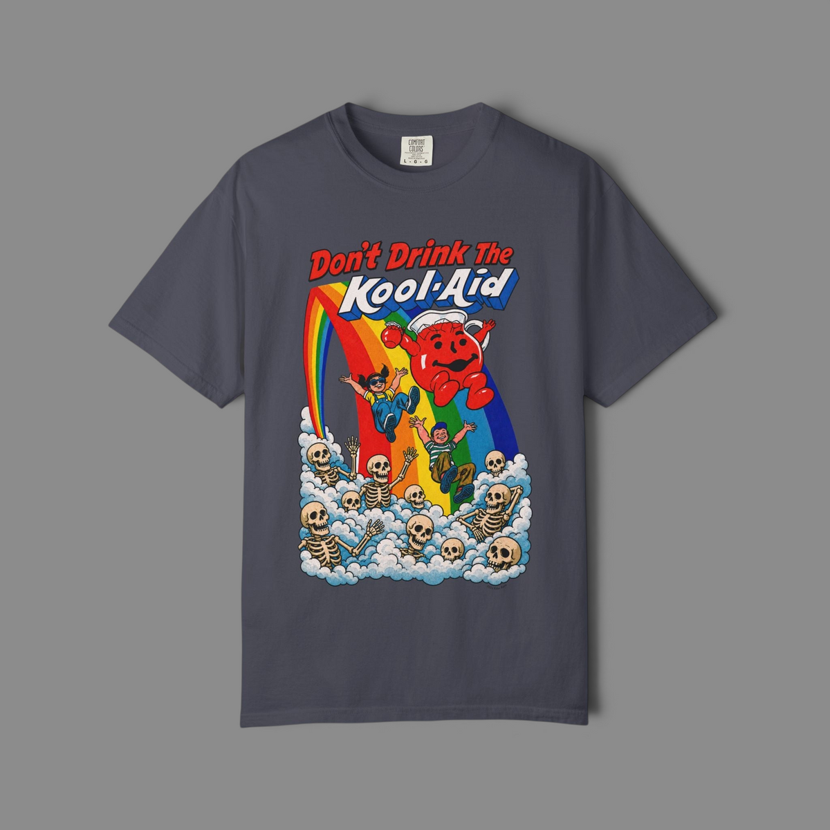 KILLER RETRO charcoal grey graphic t-shirt featuring a surreal cartoon mascot, rainbow, and skeletons print.