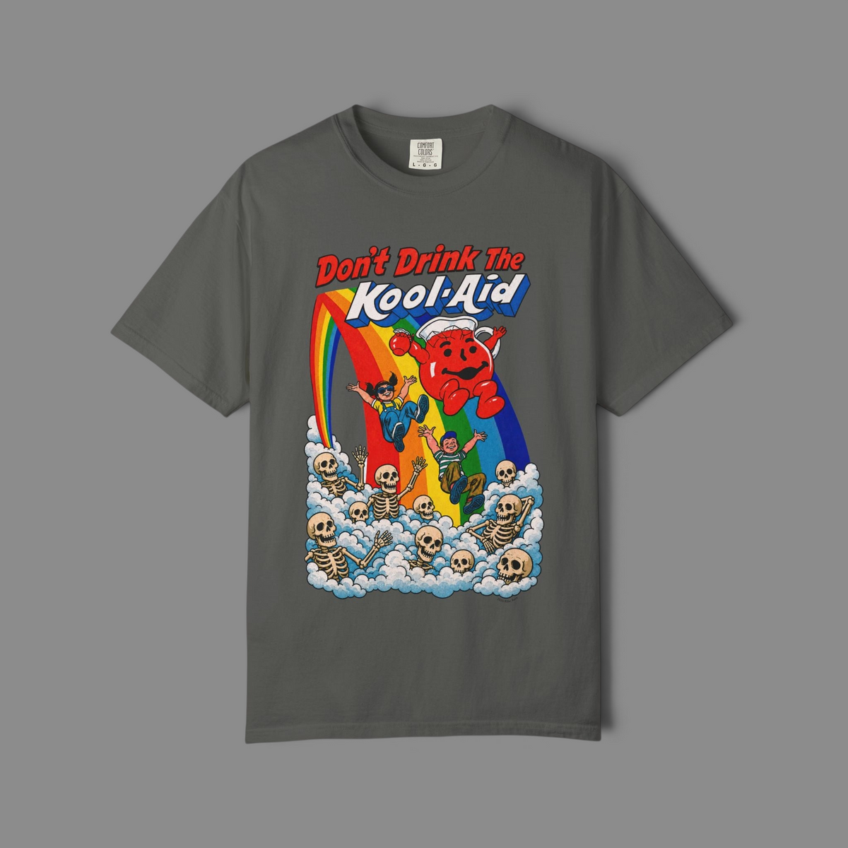 KILLER RETRO charcoal grey graphic t-shirt featuring a vintage parody print of a mascot, rainbow, and skeletons.