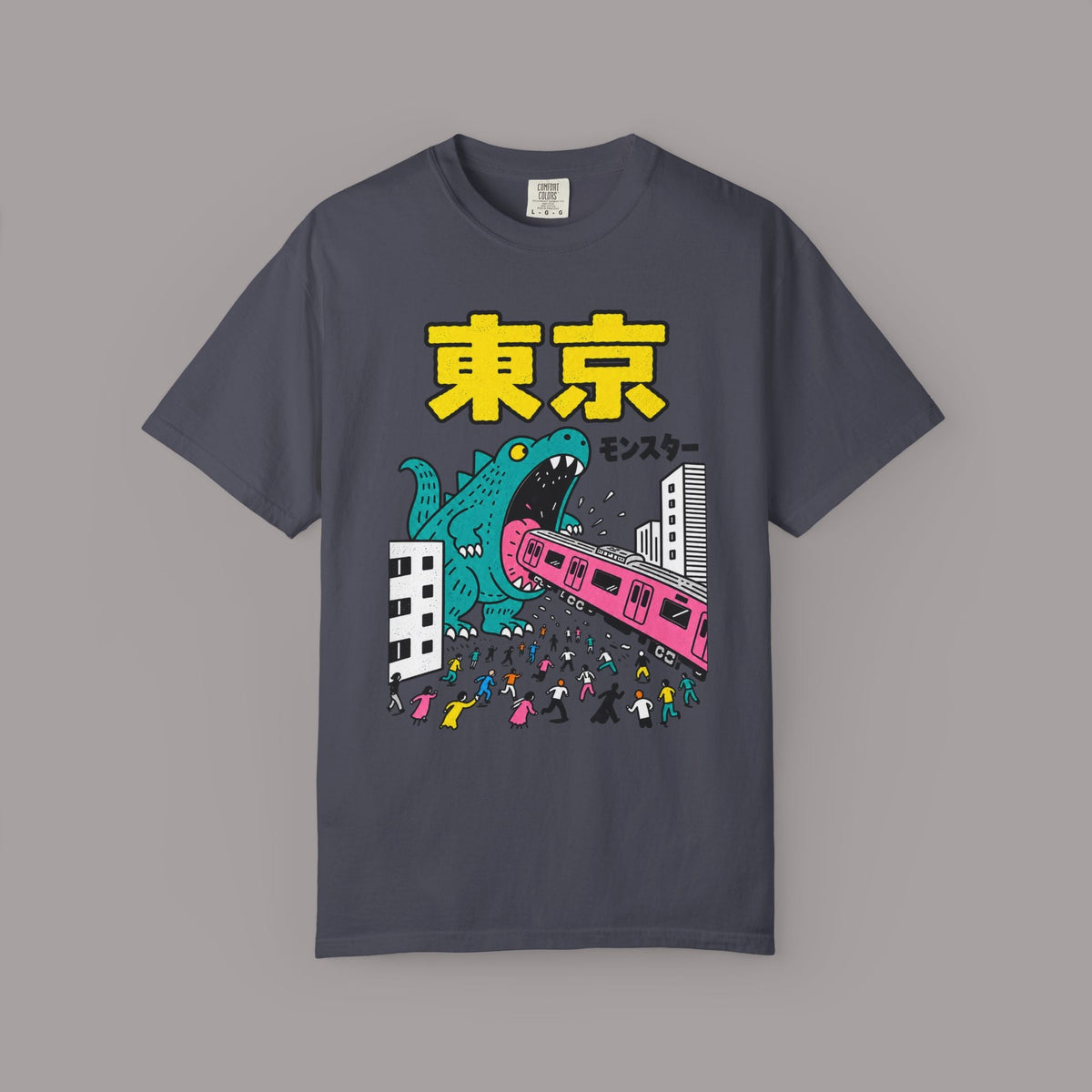 KILLER RETRO charcoal grey heavyweight cotton t-shirt featuring a colorful Tokyo kaiju monster graphic print.
