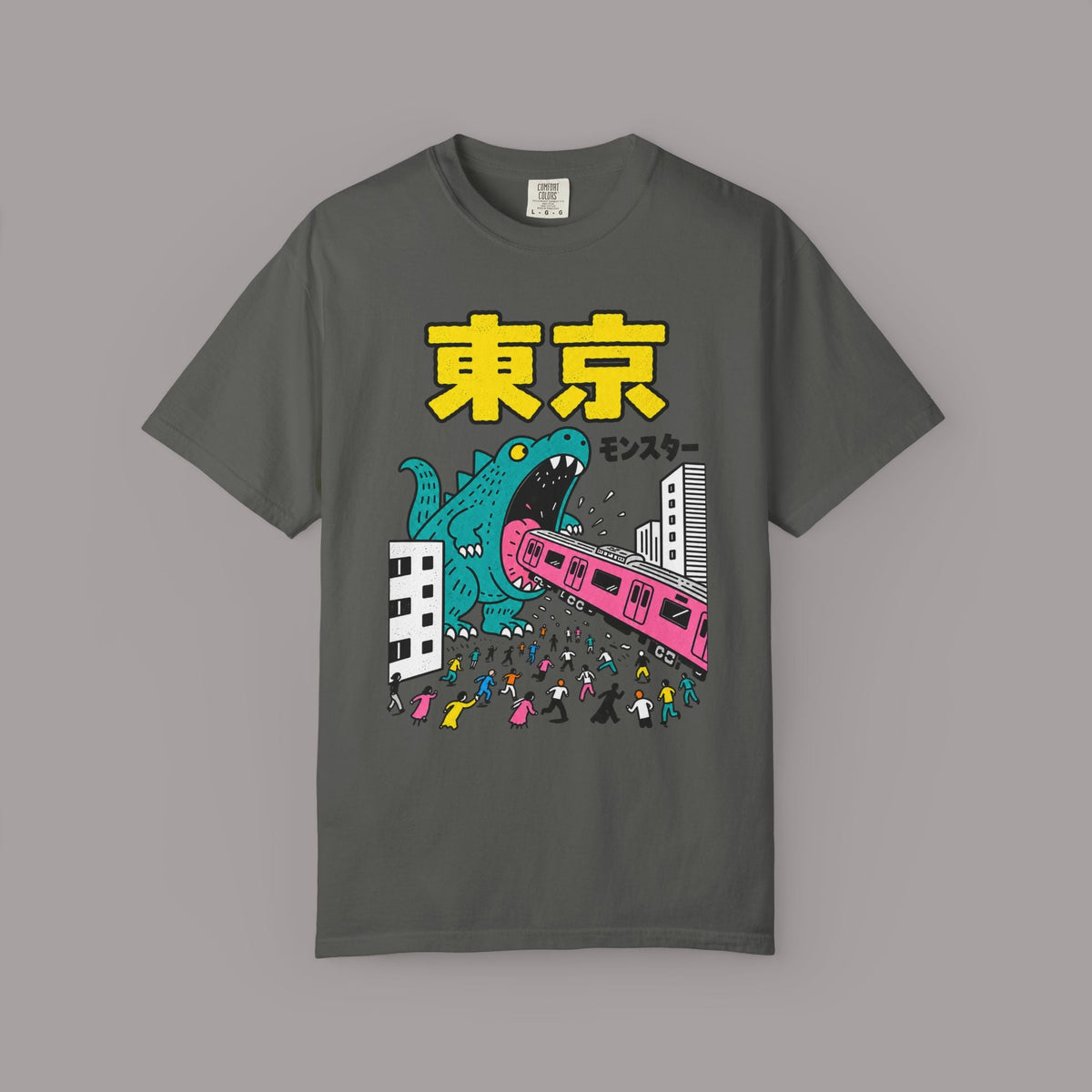 KILLER RETRO charcoal grey heavyweight cotton t-shirt featuring a teal kaiju monster and pink train graphic.