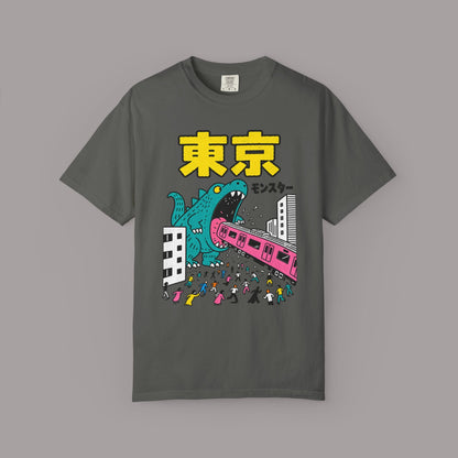 KILLER RETRO charcoal grey heavyweight cotton t-shirt featuring a teal kaiju monster and pink train graphic.