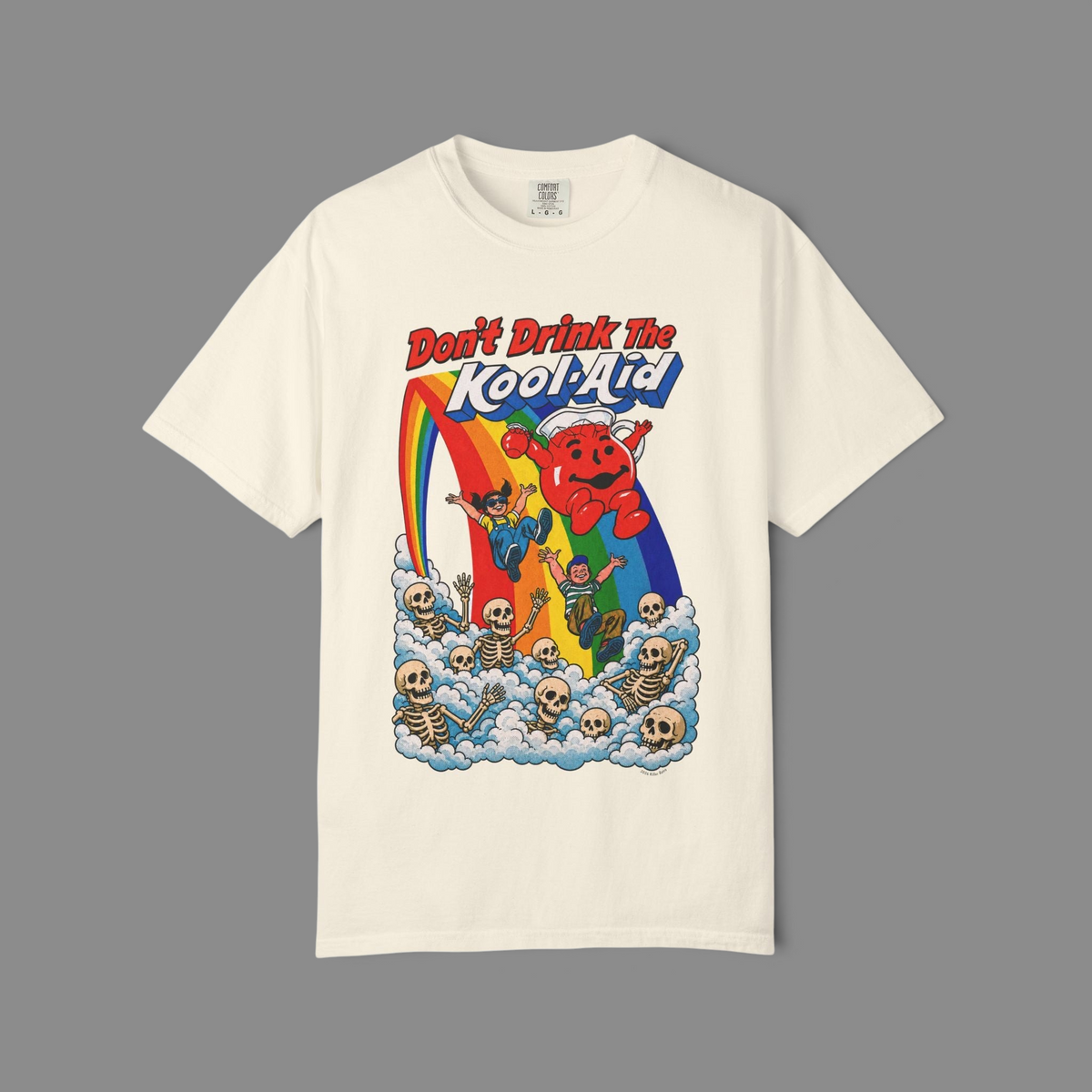 KILLER RETRO cream graphic t-shirt featuring a vintage-style parody print of skeletons, rainbows, and a mascot.