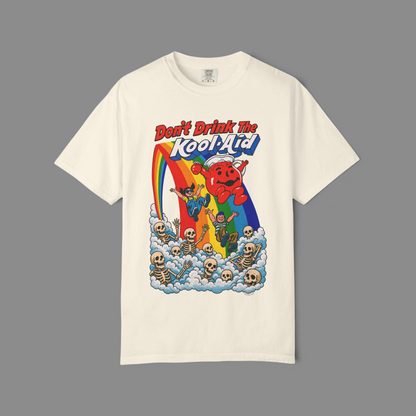 KILLER RETRO cream graphic t-shirt featuring a vintage-style parody print of skeletons, rainbows, and a mascot.