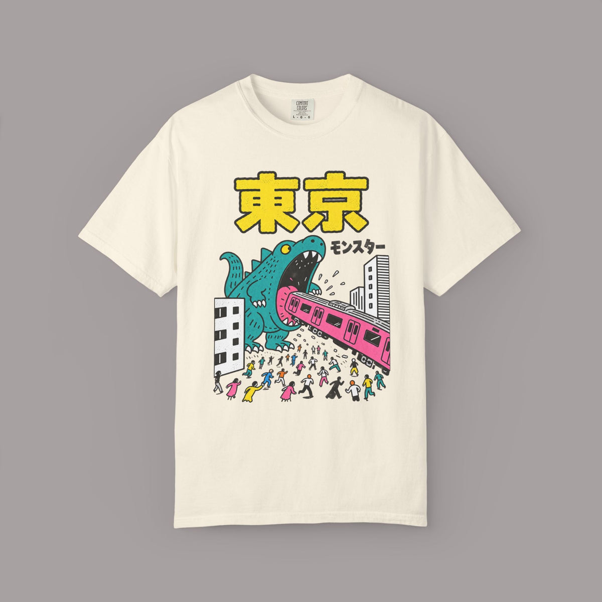 KILLER RETRO heavyweight cotton t-shirt in cream featuring a vintage-style Tokyo kaiju monster graphic print.