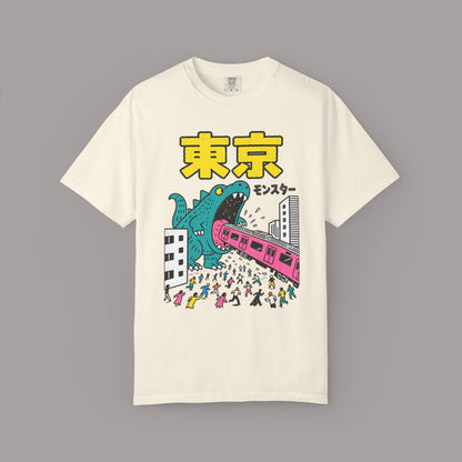 KILLER RETRO heavyweight cotton t-shirt in cream featuring a vintage-style Tokyo kaiju monster graphic print.