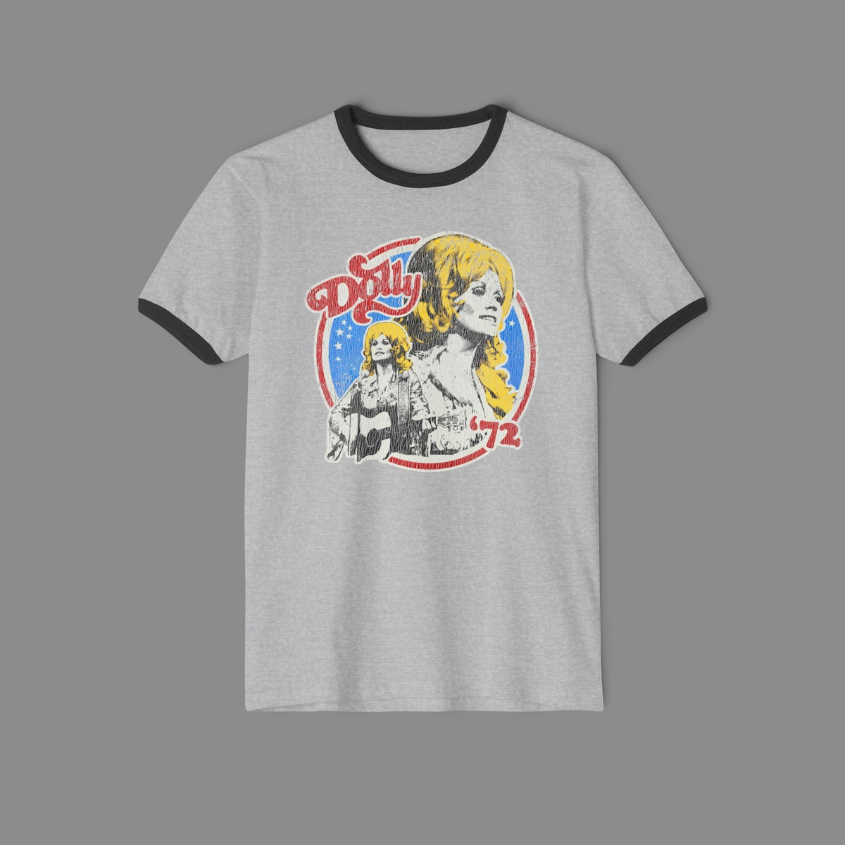 KILLER RETRO Dolly 1972 ringer tee in grey cotton with navy collar and vintage-style Dolly Parton graphic print