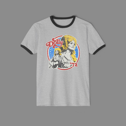 KILLER RETRO Dolly 1972 ringer tee in grey cotton with navy collar and vintage-style Dolly Parton graphic print