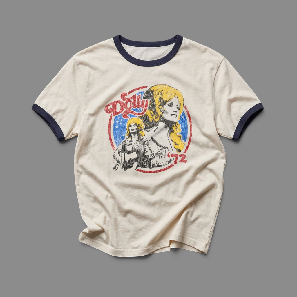 KILLER RETRO cream ringer t-shirt with navy trim and a vintage-style faded Dolly Parton 1972 graphic print.