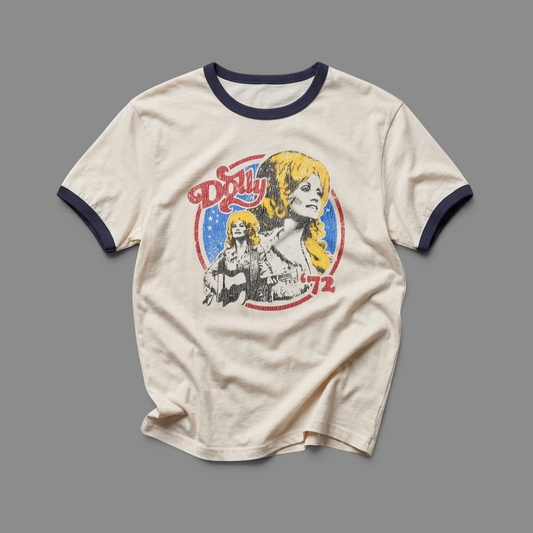 KILLER RETRO cream ringer t-shirt with navy trim and a vintage-style faded Dolly Parton 1972 graphic print.