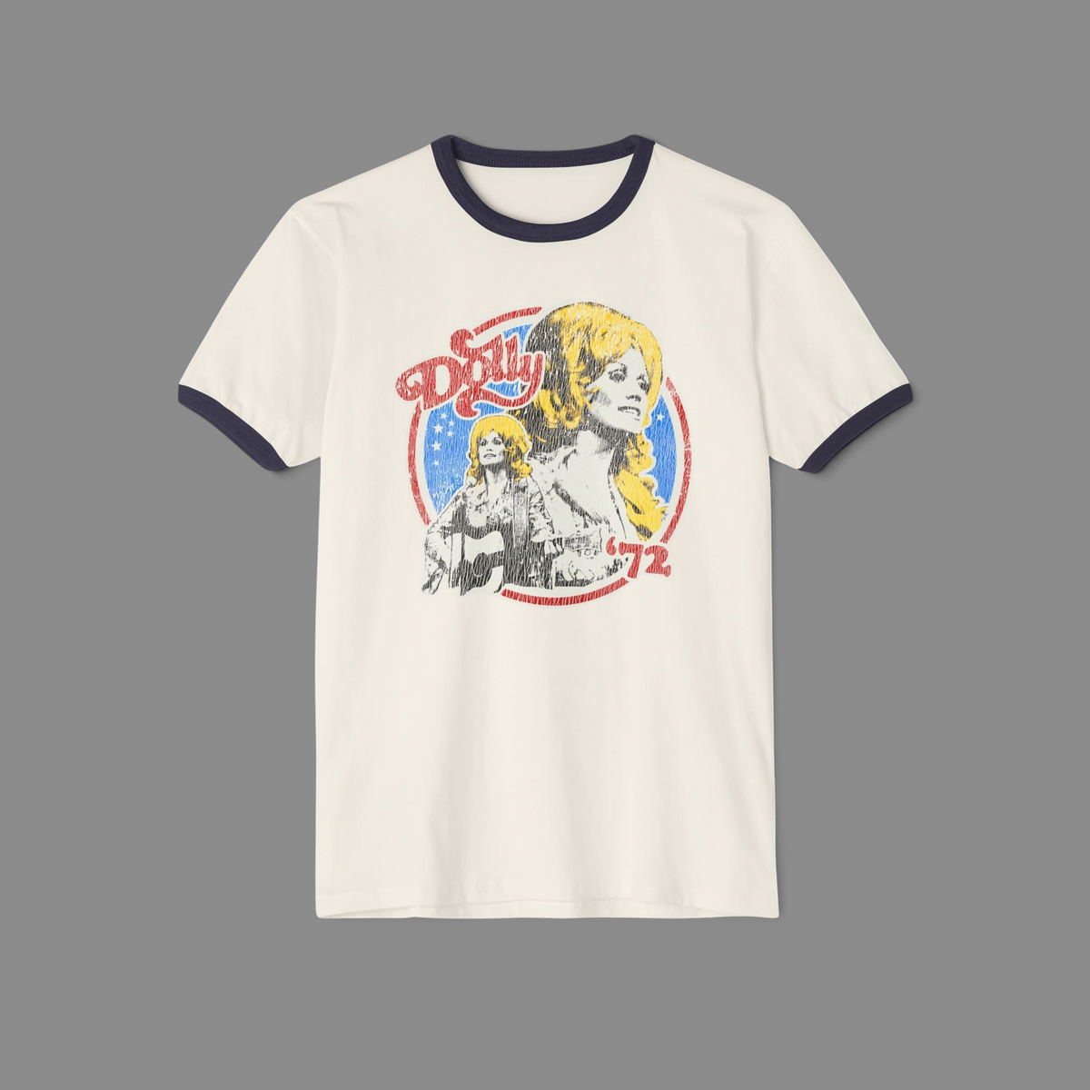 KILLER RETRO cream ringer t-shirt with navy collar and sleeves featuring a vintage distressed Dolly Parton graphic.