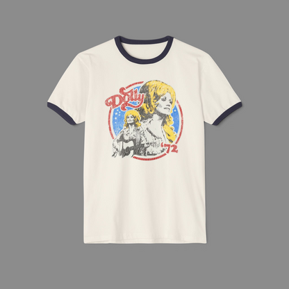 KILLER RETRO cream ringer t-shirt with navy collar and sleeves featuring a vintage distressed Dolly Parton graphic.