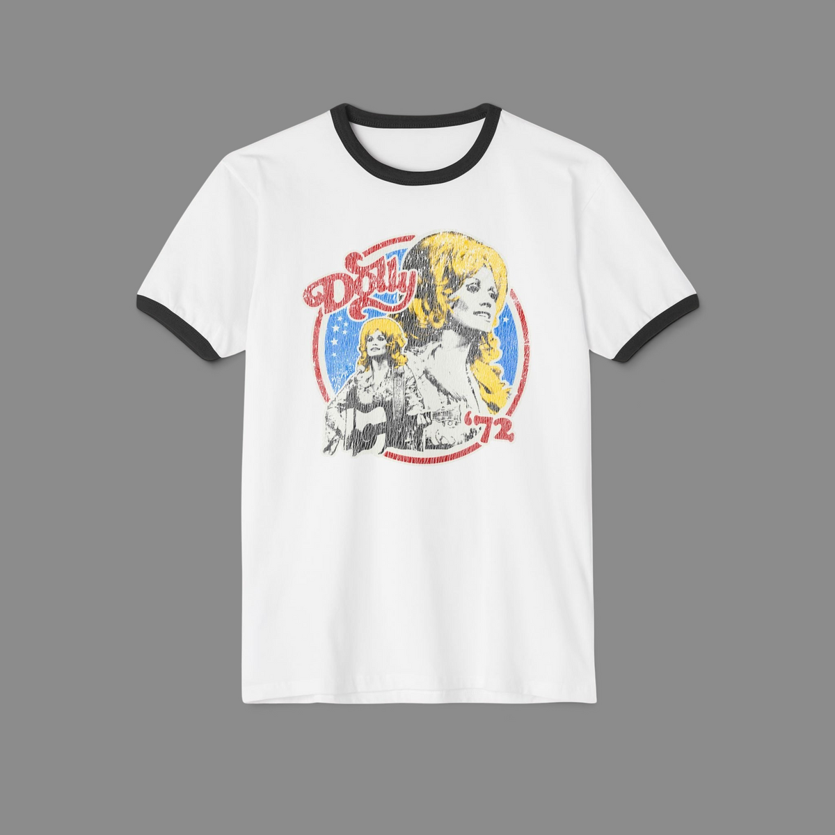 KILLER RETRO cream ringer tee with navy trim and a vintage distressed Dolly Parton 1972 graphic print.